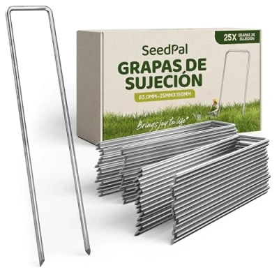 Imagen de SeedPal Grapas de sujecion antioxido Anclaje Tierra para Malla Antihierbas, Valla y Red 150 MM Largo, 25 Ancho, Ø 3 (25 Piezas)