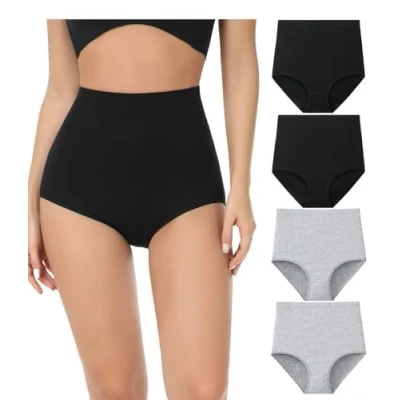 Imagen de wirarpa Bragas Mujer Algodón Elásticas Culotte Súper Cintura Alta Braguitas Cómodas Cobertura Completa Pack de 4 Negro Gris Talla L