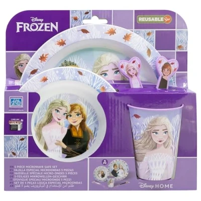 Imagen de Set vajilla infantil reutilizable apta para microondas compuesto por vaso, plato, cuenco y cubiertos de Frozen