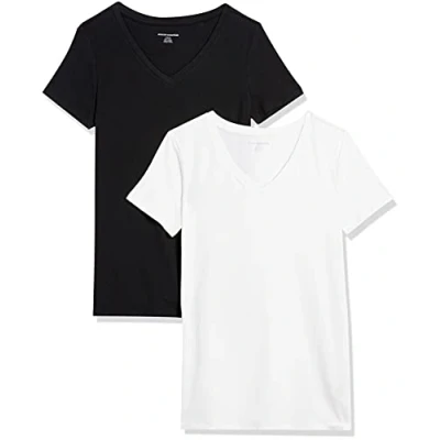Imagen de Amazon Essentials Camiseta de Cuello en v Manga Corta y Ajuste Clásico Mujer, Pack 2, Negro/Blanco, XXL
