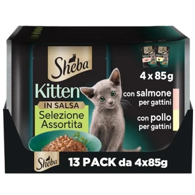 Imagen de Sheba Kitten Selección Surtida en Salsa con Salmón y Pollo, Alimentos húmedos completos para Gatitos, 52 Bolsas de 85 g