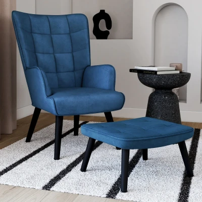 Imagen de IDMarket Sillón escandinavo ANIA con reposapiés de terciopelo azul