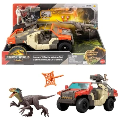 Imagen de Mattel Jurassic World El Renacer Vehículo Persecución y captura con un humano dinosaurio, figura de Martin Krebs velocirraptor, torreta dos proyectiles, JGB59
