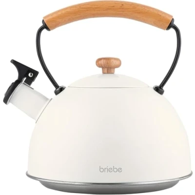 Imagen de briebe Nordic Tetera Inducción Silbante 2,3L, Infusiones, Hervidor de Agua Acero Inoxidable, Todo Tipo Cocinas, Vitrocerámica, Gas, Mango Madera Tacto Frío, Tea Pot, Blanco