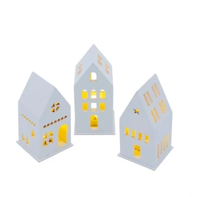 Imagen de Casa de madera LED blanca funciona con pilas, 13 cm, juego 3 unidades, decoración pueblo navideño iluminación en blanco cálido, mesa Navidad