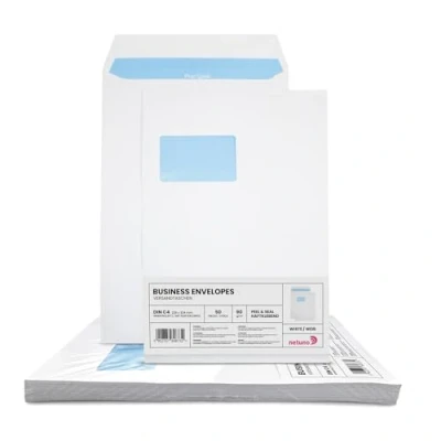 Imagen de Netuno 50 sobres grandes de envío blancos con impresión interior azul C4 229 x 324 mm 90 g solapa recta tira autoadhesiva ventana izquierda para documentos facturas contratos oficina correos