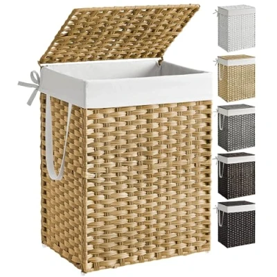 Imagen de SONGMICS cesta de almacenamiento, ropa sucia 90L con tapa, plegable, bolsa tela extraíble y asas, para mantas, ropa, sala estar, dormitorio, lavandería, color madera LCB51NL