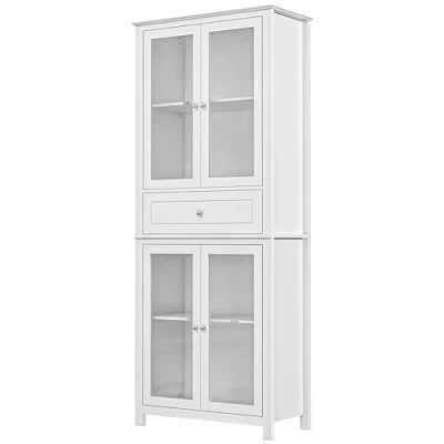 Imagen de HOMCOM Alacena de Cocina Armario con 1 Cajón 2 Estantes Ajustables y 4 Puertas Vidrio Templado Diseño Clásico para Salón Comedor 74x35,5x181,5 cm Blanco