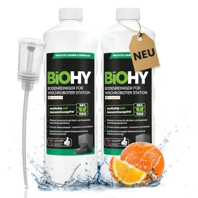 Imagen de BiOHY Limpiador de suelos para robot limpieza con aroma a naranja (2 x 1 litro) + dosificador, concentrado todos los robots función húmeda, sin espuma ni rayas