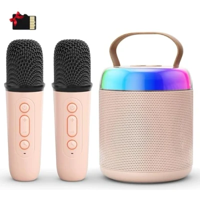 Imagen de voijump Karaoke Infantil 2 Microfonos Inalambricos Karaoke,Micrófono Bluetooth Portátil para Niños con Efectos de Voz cambiantes y Luz LED, Niños, Adultos, Niñas