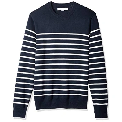 Imagen de Amazon Essentials Jersey de Cuello Redondo (Disponible en Tallas Grandes) Hombre, Azul Marino Oscuro Blanco Rayas, M