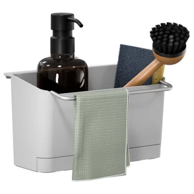 Imagen de tesa Accesorios de Cocina, Organizador para Fregadero Recipiente Colgante y Autoadhesivo Jabón, Cepillo, Esponja Paño con Adaptador, Montaje en Pared sin Taladrar Blanco/Cromo