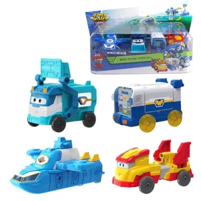 Imagen de Super Wings Mini Team Transforming Vehicles, Incluyendo World Aircraft Robot, Marc Cleaning Vehicle, Golden Wheels Pets Base, Transformer Juguete para niños y niñas Mayores de 3 años