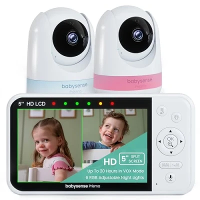 Imagen de Babysense Prisma Vigilabebés HD de 5 pulgadas con 2 cámaras y audio, luz nocturna 6 colores, pantalla dividida, máquina sonido para bebés ruido blanco canciones cuna, conexión segura