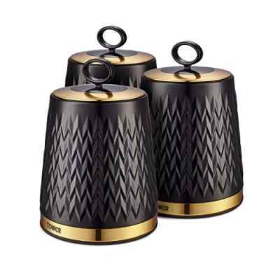Imagen de Tower T826091BLK Empire Juego de 3 botes almacenamiento para té, café y azúcar, 1,3 L, negro latón