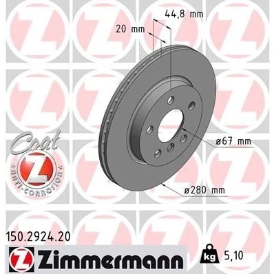 Imagen de ZIMMERMANN COAT Z 150.2924.20 Disco de freno 280 20 6/5 5 112 ventilación interna revestido altamente carbonizado BMW: