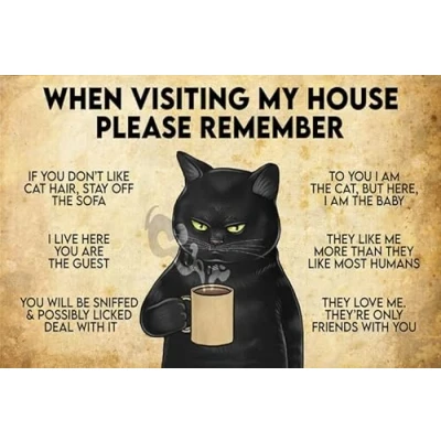 Imagen de Letrero de metal vintage con texto en inglés &quot;When Visiting My House Please Remember Cat&quot; para decoración pared café del hogar, 8 x 12 pulgadas