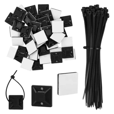 Imagen de Paquete de 100 bridas cables con imanes autoadhesivos, soportes base almohadillas adhesivas multiusos (bridas nailon negro, longitud 150 mm, ancho montaje brida 18