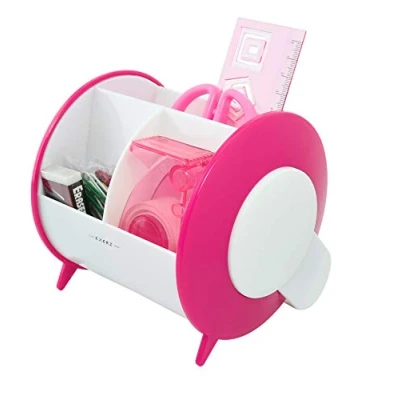 Imagen de Exerz EX8986 Organizador de Escritorio giratorio con Artículos Oficina/Portalápices Tijeras Seguridad (NO afilada), Regla, Dispensador Cinta, Goma Borrar, Clips INCLUIDO (Rosado)