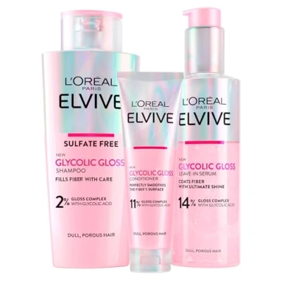 Imagen de L&#039;Oréal Paris Elvive Acondicionador Glycolic Gloss 150ml + Champú 200ml Suero Sin Aclarado Set para Cabello Opaco y Poroso Brillo Intenso Duradero 3 Botellas
