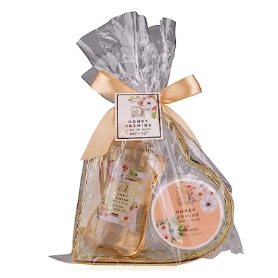 Imagen de Accentra set de ducha regalo para mujer HONEY JASMINE en una hermosa canasta alambre cuidado 2 partes con gel y crema corporal bienestar