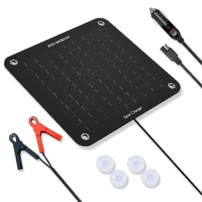 Imagen de ECO WORTHY 12V 10W Cargador de Batería Solar para Coche, Carga Goteo del Panel Solar, Fuente Alimentación Emergencia Portátil con Adaptador Clips Cocodrilo
