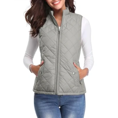 Imagen de fuinloth Chaleco Mujer Acolchado Invierno sin Mangas Chalecos Exteriores Abrigo Ligero con Cremallera ​con Bolsillos Gris XL