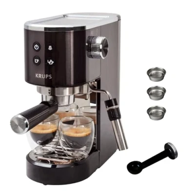 Imagen de Krups Cafetera espresso Virtuoso 15 bar de presión, acero inoxidable negro, diseño compacto y elegante, parada automática, cappuccino, Thermoblock, calidad barista, boquilla vapor