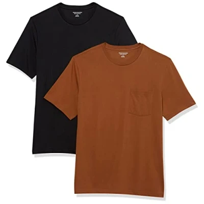 Imagen de Amazon Essentials Camiseta de Manga Corta con Bolsillo, Cuello Redondo y Corte Recto Hombre, Pack 2, Marrón/Negro, M