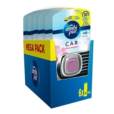 Imagen de Ambipur Car Ambientador Coche, Difusor (6 x 2ml), Elimina y Previene los Malos Olores, Fragancia Flores Elegantes, Mega Pack