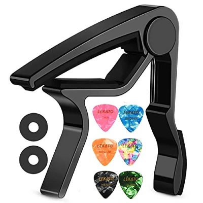Imagen de Lekato LGC 1 Cejilla y 3 púas para guitarra acústica eléctrica, ukelelele, mandolina banjo, color negro