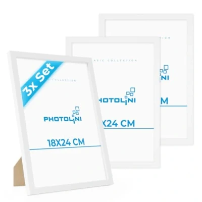 Imagen de PHOTOLINI marcos 18x24 cm blanco madera MDF, set de 3 para pósteres, cristal acrílico, colgar y poner pie, incluye accesorios fotos, láminas pósteres