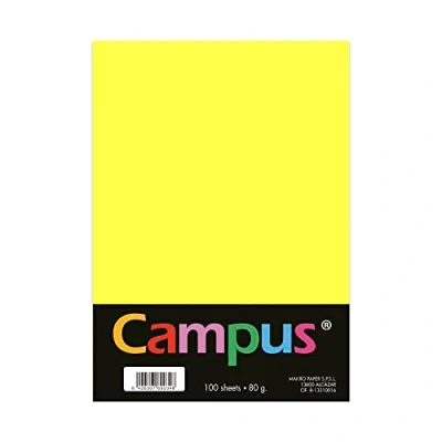 Imagen de Campus Papel de colores A4 100 Unidades, 80g/m², 210 x 297 mm. Papeles con tacto suave, perfectas para encuadernación, oficina, dibujo y manualidades. Color Amarillo Neón