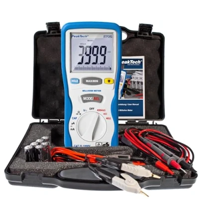 Imagen de PeakTech 2705 Miliamperímetro digital con cables de prueba Kelvin 4 pines, TUV/GS, medición miliohmios, corriente, multímetro, probador continuidad, gráfico barras CAT III 1000 V