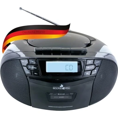 Imagen de SCHWAIGER 658026 Reproductor de CD con Casete y Radio MP3 Conexión USB FM Auriculares AUX Boombox Funcionamiento por Red Pilas Pantalla portátil Negro
