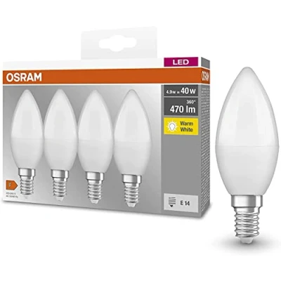 Imagen de Osram Lámpara LED Base Classic B, en forma de vela con casquillo E14, no regulable, reemplaza 5.0W = 40 vatios, mate, blanco cálido 2700 Kelvin, paquete 4