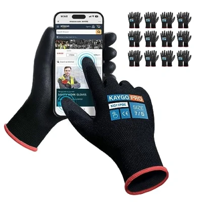 Imagen de KAYGO 12 pares de guantes trabajo para hombres y mujeres, protección recubiertos PU, agarre antideslizante en palmas dedos, trabajos generales (Negro Touchscreen, talla 7)
