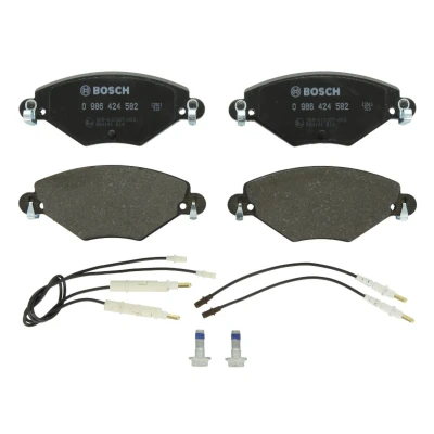 Imagen de BOSCH 0 986 424 582 Juego de pastillas freno Low Metallic con contacto avisador desgaste Chapa antichirridos, tornillos accesorios