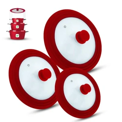 Imagen de M.S.N Juego de 3 tapas universales cristal, piezas, ollas y sartenes 16/18/20 cm 24/26/28 28/30/32 cm, con válvula escape borde silicona, color rojo