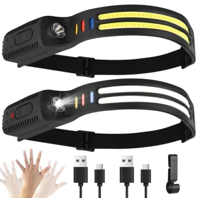 Imagen de Linterna frontal LED recargable, 2 unidades, 2000 lúmenes, luz blanca superbrillante, sensor inteligente, 9 modos de luz, 4 colores, IPX4, resistente al agua, 0,09 kg, ligeras, para correr, camping,