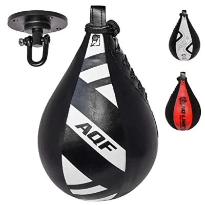 Imagen de AQF Pera Boxeo de Cuero y Saco Boxe Punching Ball para MMA Conjunto Entrenamiento con (Blanco Negro)
