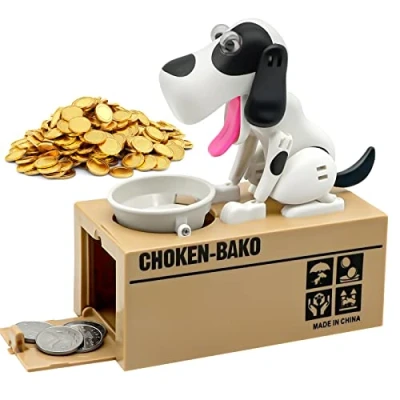 Imagen de Justup hucha con diseño de perro hambriento, cachorro, para niños, blanca