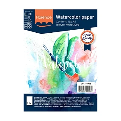 Imagen de Florence Papel de Acuarela Superficie Texturizada, 300 gsm, Lona, Blanco (Intense White), A5, 15