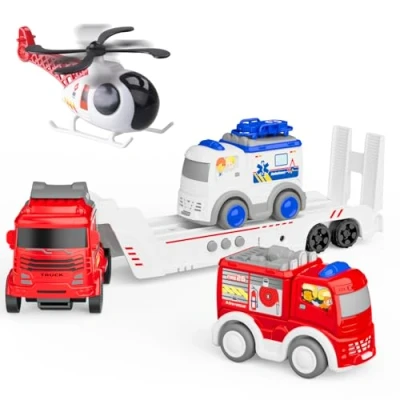 Imagen de GizmoVine Camiones de Juguete para Niños, Rescate Trailer con 1 Ambulancia Coche Bomberos Helicoptero, Potencia Fricción, Tres Sonidos Advertencia, Regalos 3 4 5 6 Años