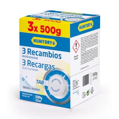 Imagen de Set de 3 Tabletas antihumedad Recambios Aroma Neutro Ideal para Absorber la Humedad Armarios, Baños y Habitaciones 500 g Humydry