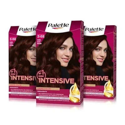 Imagen de PALETTE Intensive Creme color 3 68 Caoba, tinte de pelo permanente con aceite macadamia y almendras, cubre el 100% las canas raíces, para un radiante