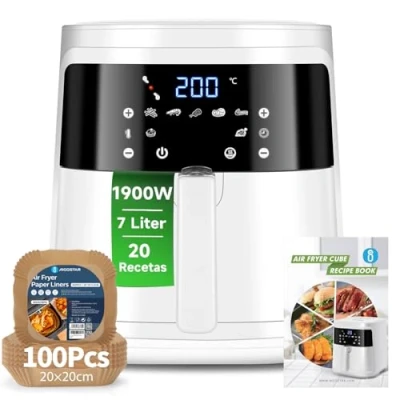Imagen de Aigostar White Cube Con Papel Freidora aire 100 Unidades, de 7L Air Fryer 1900W, sin Aceite 7 Automáticos Modos, Panel Táctil, Cesta Antiadherente Extraíble, 20 Recetas