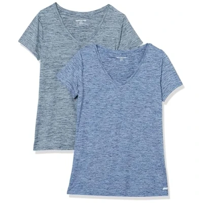 Imagen de Amazon Essentials Camiseta técnica elástica de Manga Corta y Cuello en Pico (Disponible Tallas Grandes) Mujer, Pack 2, Azul Marino Mezcla/Negro Mezcla, M