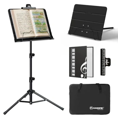 Imagen de K Kasonic Soporte para Partituras Plegable, con Carpeta de Partituras, Set Libros Música Portátil, Trípode Actuaciones, Negro