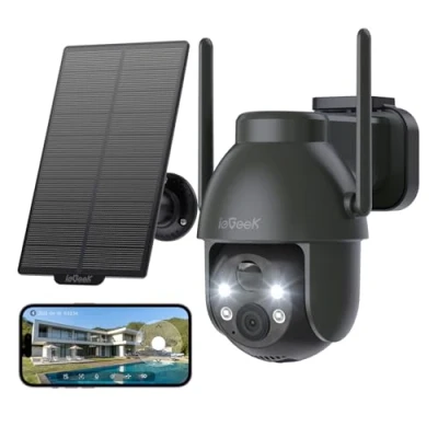 Imagen de ieGeek 3MP Camara Vigilancia WiFi Exterior Solar con Bateria Sin Cables, Visión Nocturna Color, PTZ 360 App Remoto, Humana Detección, IP65, Voz Bidireccional (Gris)